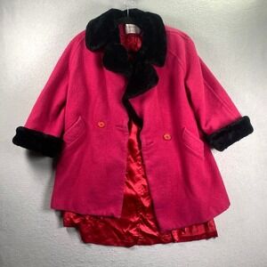 Vintage Fashionbilt Wool Coat Women's Med Fur Collar Red Swing Made in USA 60s